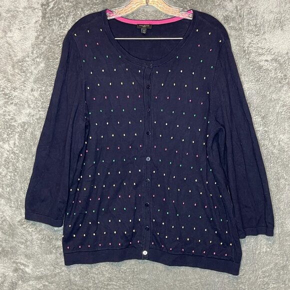 Talbots Women Colorful Clip Dot 3/4 Sleeve Lightweight Cardigan Sweater 1X Navy - Picture 1 of 9